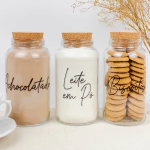 Kit Cantinho do Café – Achocolatado, Leite em Pó e Biscoitos | 3 potes de Vidro 810ml com Tampa Rolha + Adesivos