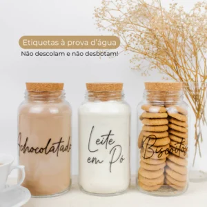 Kit Cantinho do Café – Achocolatado, Leite em Pó e Biscoitos | 3 potes de Vidro 810ml com Tampa Rolha + Adesivos