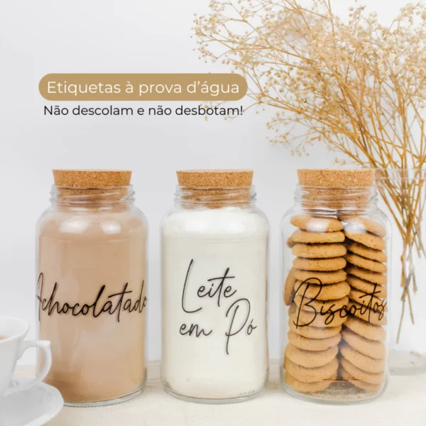 Kit Cantinho do Café - Achocolatado, Leite em Pó e Biscoitos | 3 potes de Vidro 810ml com Tampa Rolha + Adesivos